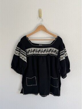 Sister Mary Women’s Size Lg Boho Peasant Black Floral Embroidered Blouse Aztec